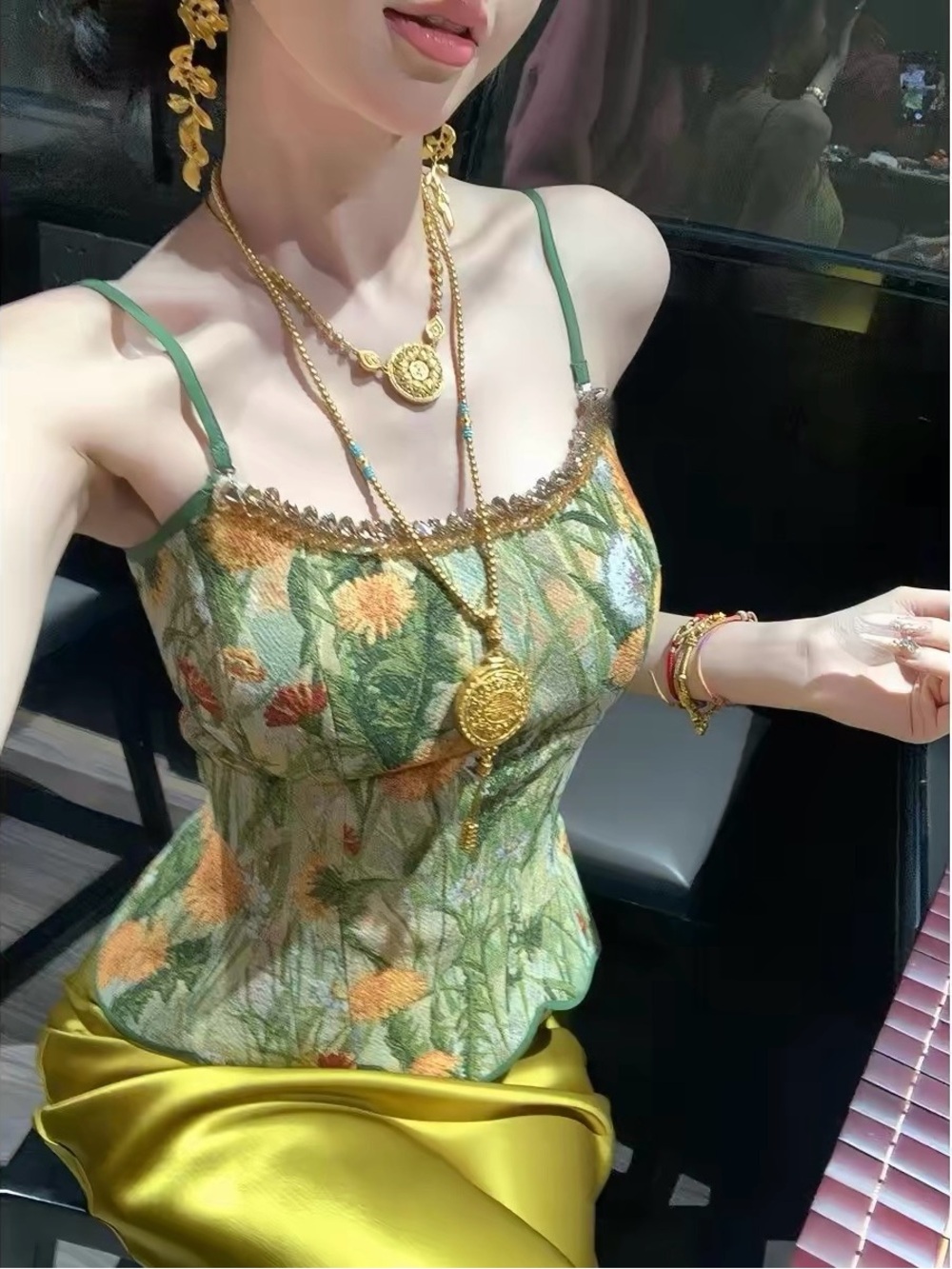 Floral Green Spaghetti Strap Bustier Top and Skirt Set